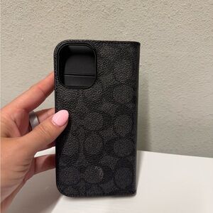 Coach Black Signature Folio Phone Case with Monogram Texture iPhone 16